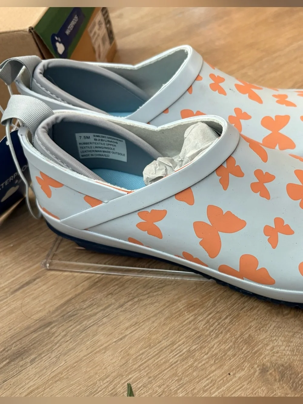 JBU Kids Waterproof Slip-On Boots in Light Gray with Orange Butterfly Print